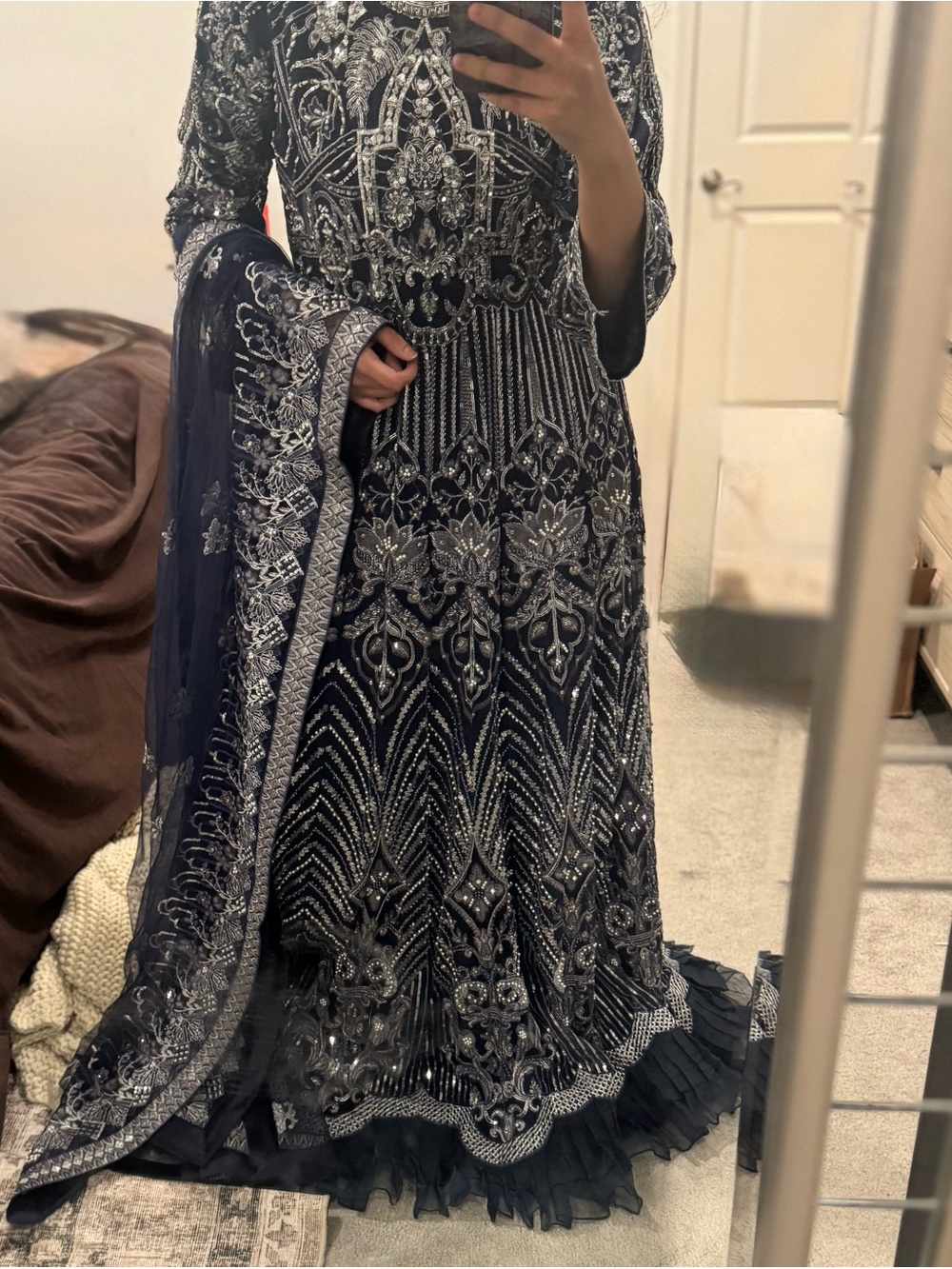Embellished Navy Blue Formal Women's Gown with Silver Detail